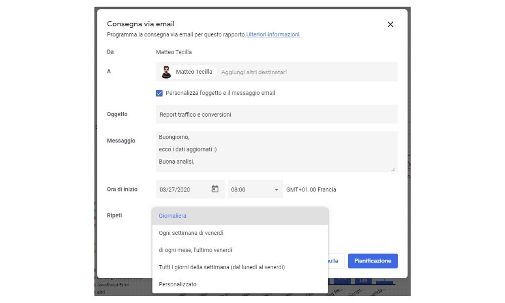 Pianificazione consegna dashboard via email in pdf